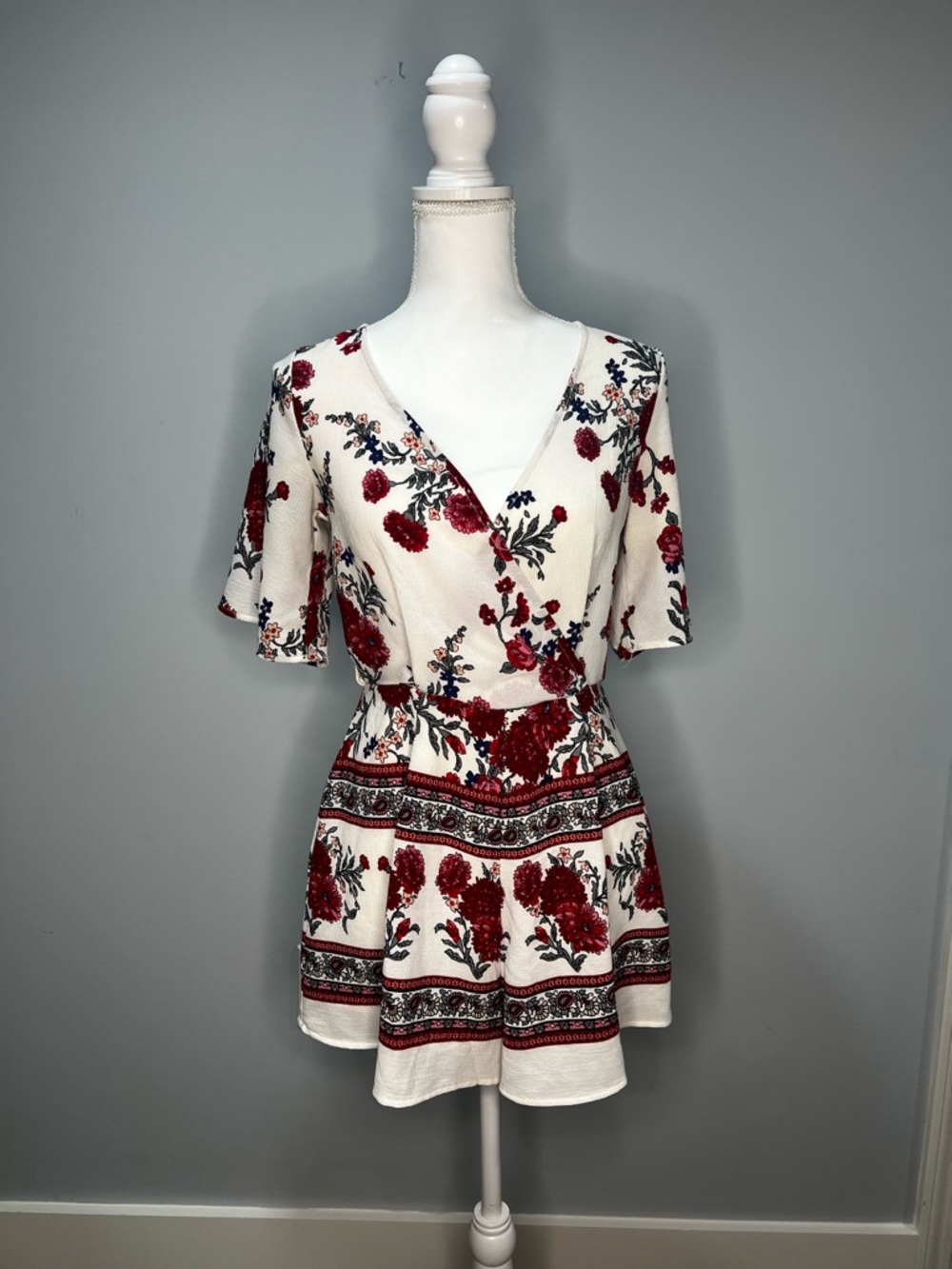 Floral Wrap-Style Mini Dress in Ivory and Red